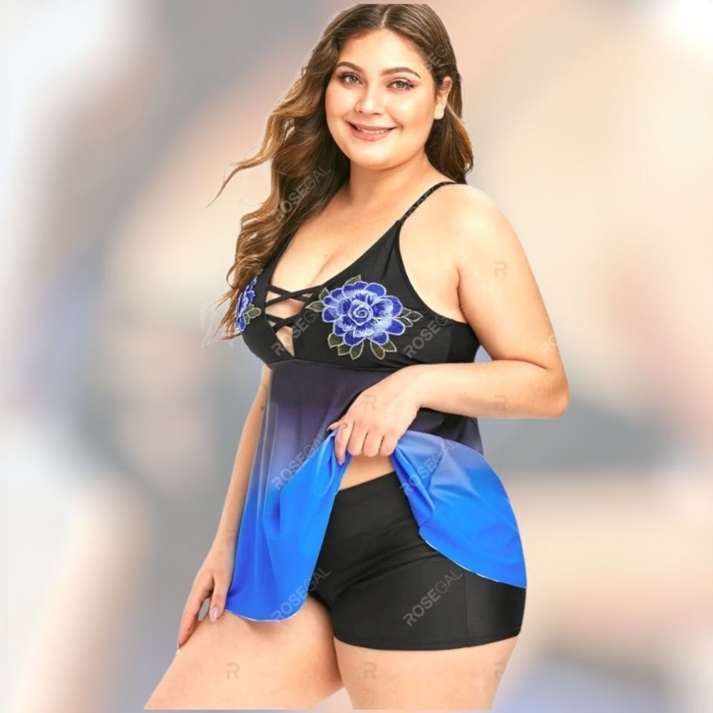 ROSEGAL Ombre Lattice Floral Embroidered Applique Two- Piece Plus Size Swimsuit - Picture 7 of 16